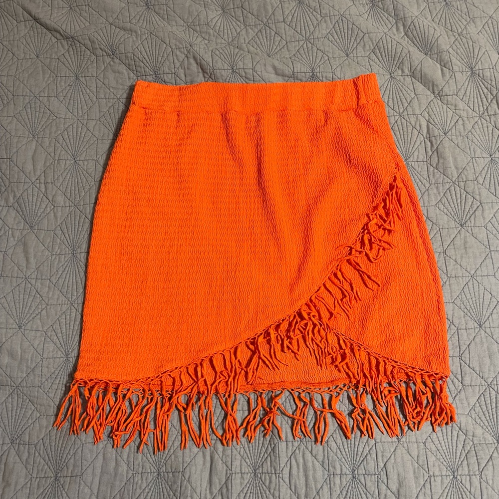 SHEIN Bright Orange Mini Skirt with Crossover Fringe Sz L - Picture 2 of 5